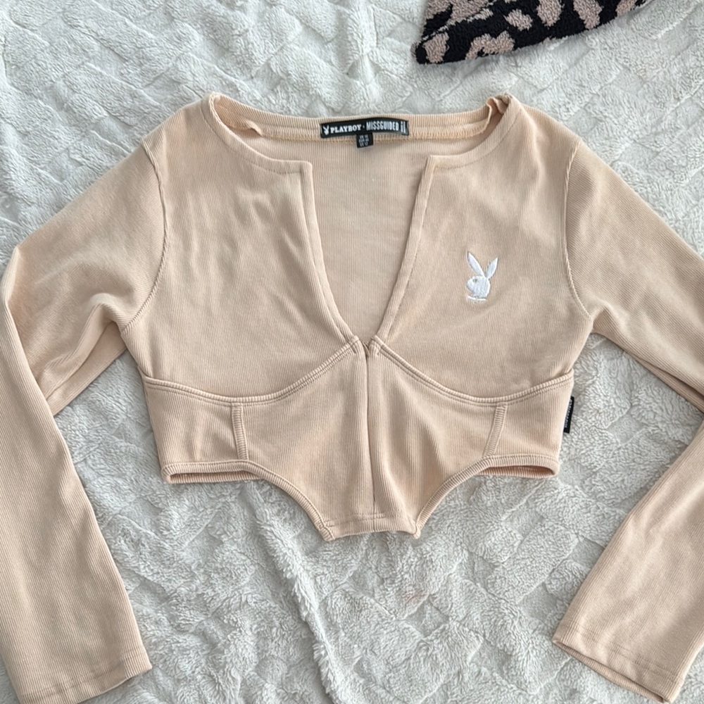 Playboy Women's Tan Long Sleeve Crop Top